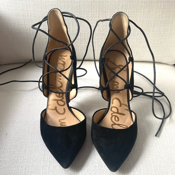 Sam Edelman Helaine Black Suede Lace-Up Strappy Pumps - Picture 3 of 7